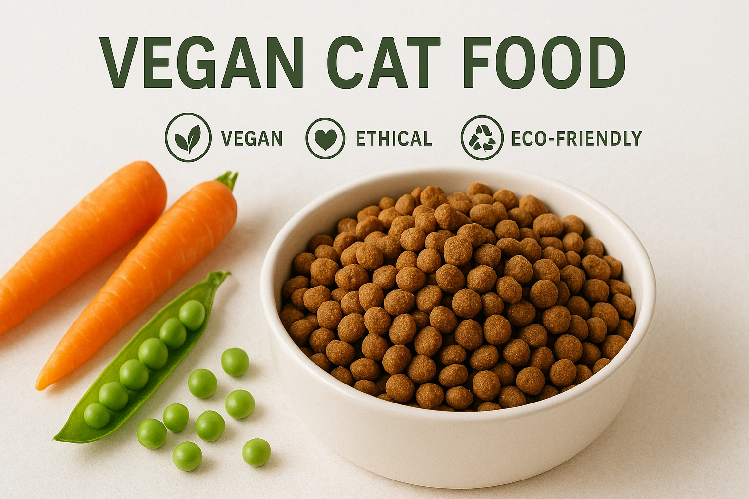 A bowl of plant-based vegan cat food kibble next to fresh vegetables like peas and carrots, illustrating a sustainable and ethical diet option for cats.