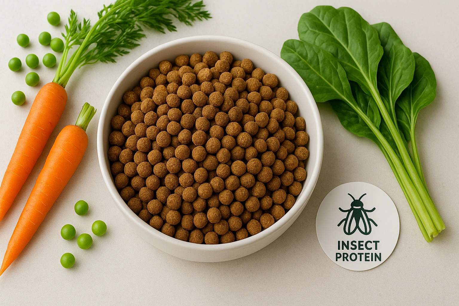 A bowl of sustainable pet food made with insect protein, surrounded by fresh vegetables like carrots, peas, and leafy greens.