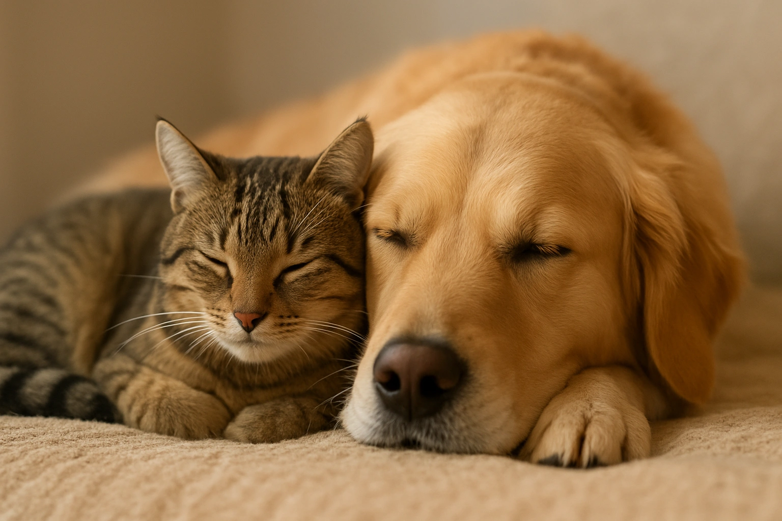 A cat and dog peacefully resting together on a soft surface, representing holistic pet health and overall well-being in a calm and natural setting.