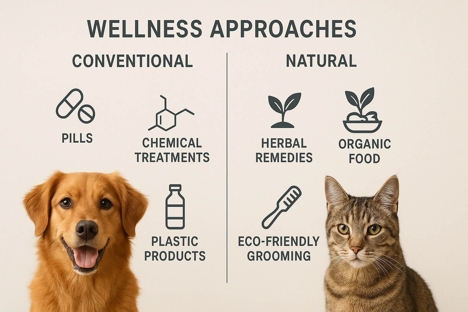 A chart comparing conventional versus natural wellness approaches for pets, highlighting differences in treatments, products, and overall health philosophy.