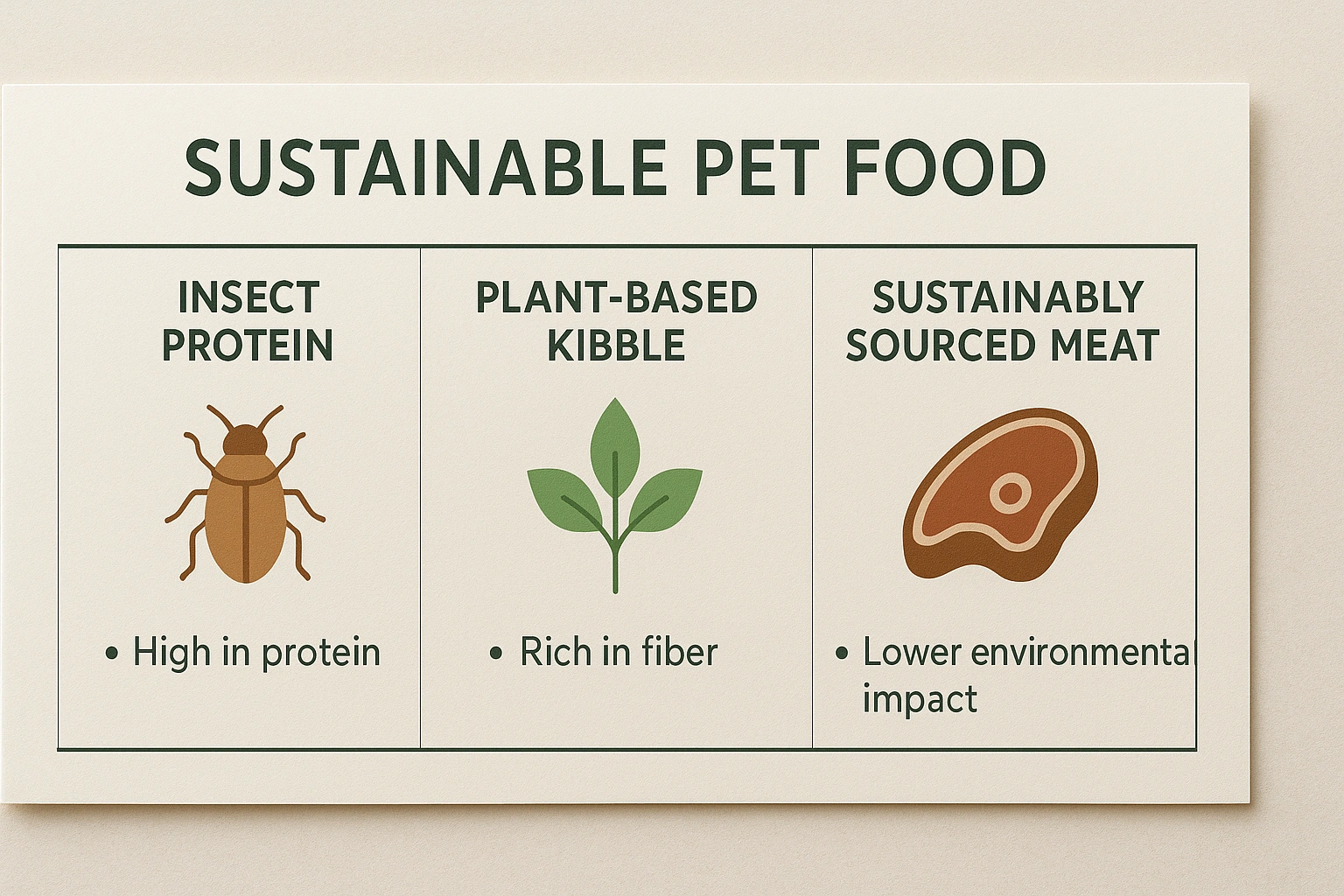 A chart comparing different types of sustainable pet food options, including insect protein, plant-based kibble, and sustainably sourced meat.