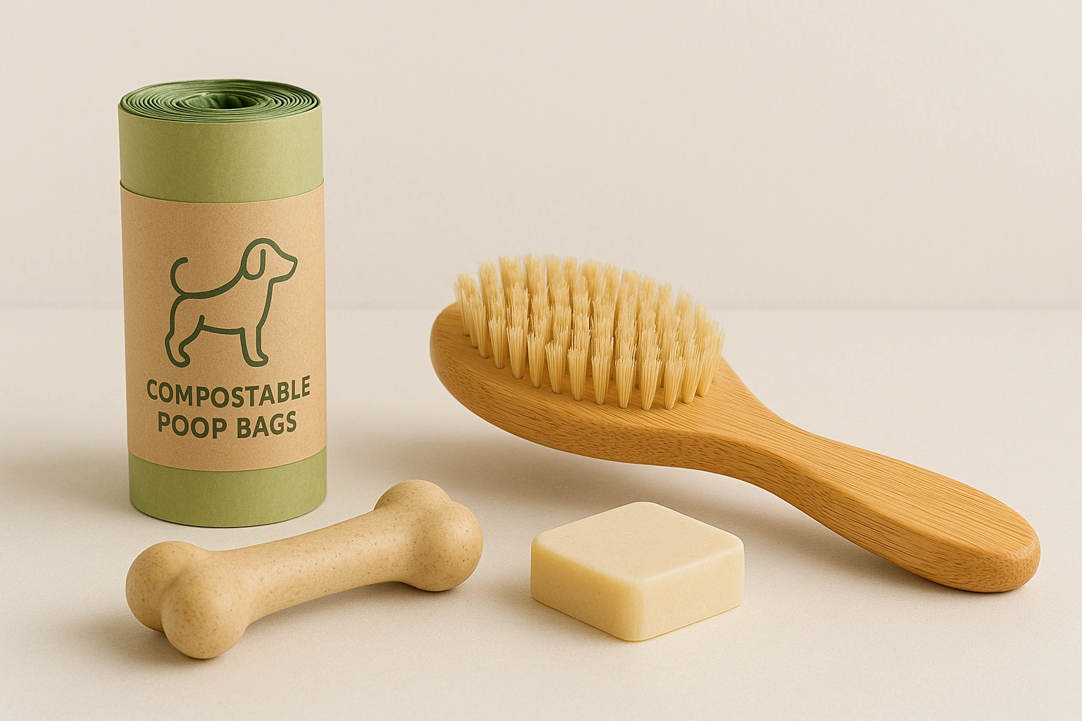 A clean flat lay of biodegradable pet products including compostable poop bags, a bamboo brush, a natural rubber toy, and a shampoo bar, representing sustainable choices for pet care.