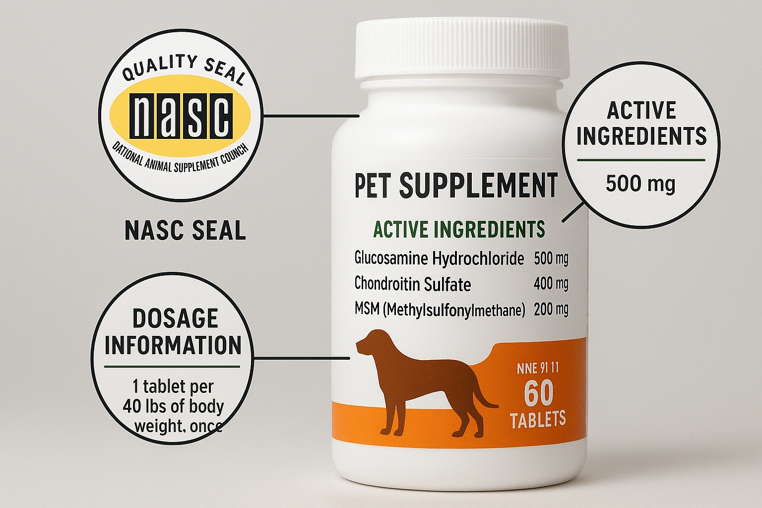 A close-up of a pet supplement label with highlighted features including the NASC seal, active ingredients, and dosage, illustrating what to look for when choosing supplements.