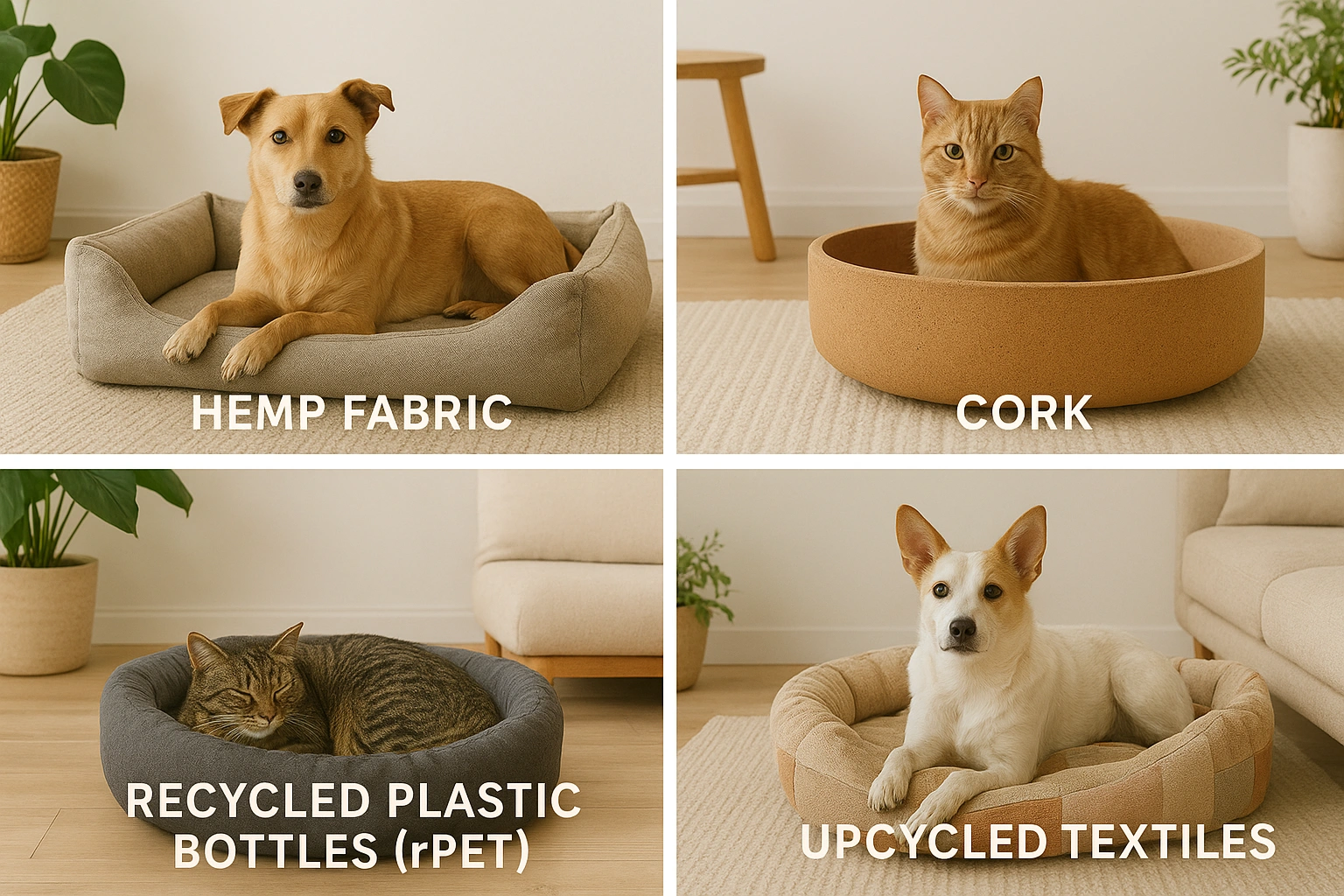 A collage of sustainable dog and cat beds made from eco-friendly materials such as recycled fabrics, hemp, cork, and upcycled plastics, showcasing stylish and eco-conscious pet furniture.