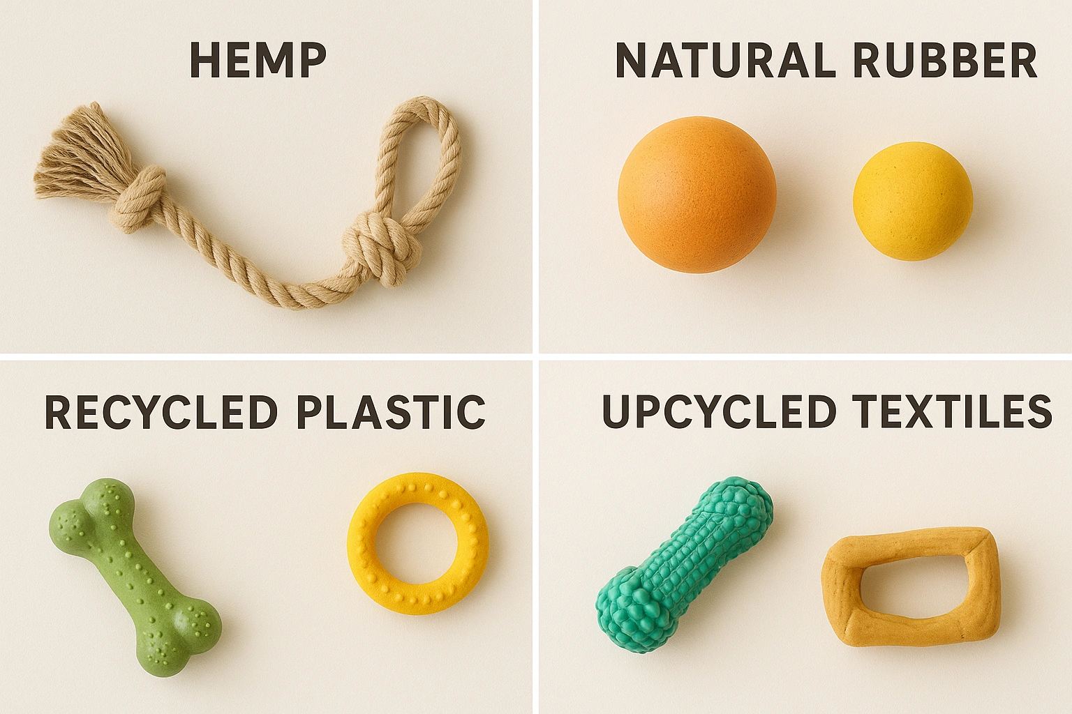 A collage of sustainable dog toys made from hemp ropes, natural rubber balls, and recycled plastic chew toys, representing eco-friendly play options.