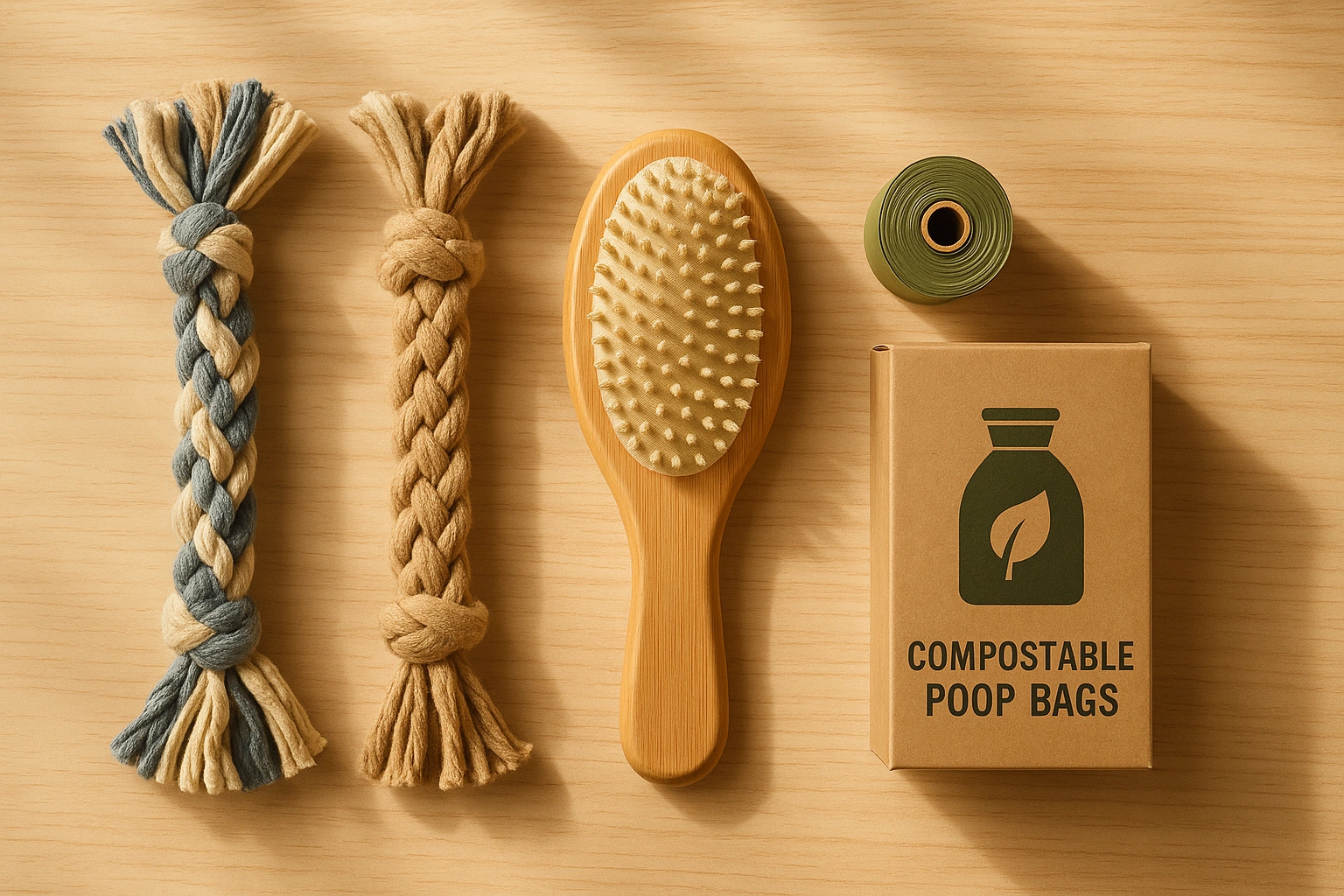 A collection of affordable eco-friendly pet accessories including DIY toys, a bamboo grooming brush, and compostable poop bags, promoting sustainable pet care.