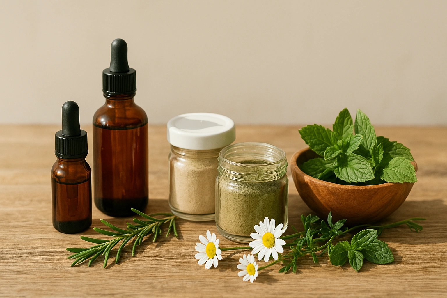 A collection of natural pet remedies displayed on a wooden surface, including herbal tinctures in glass bottles, powdered supplements, and fresh herbs like chamomile and rosemary.
