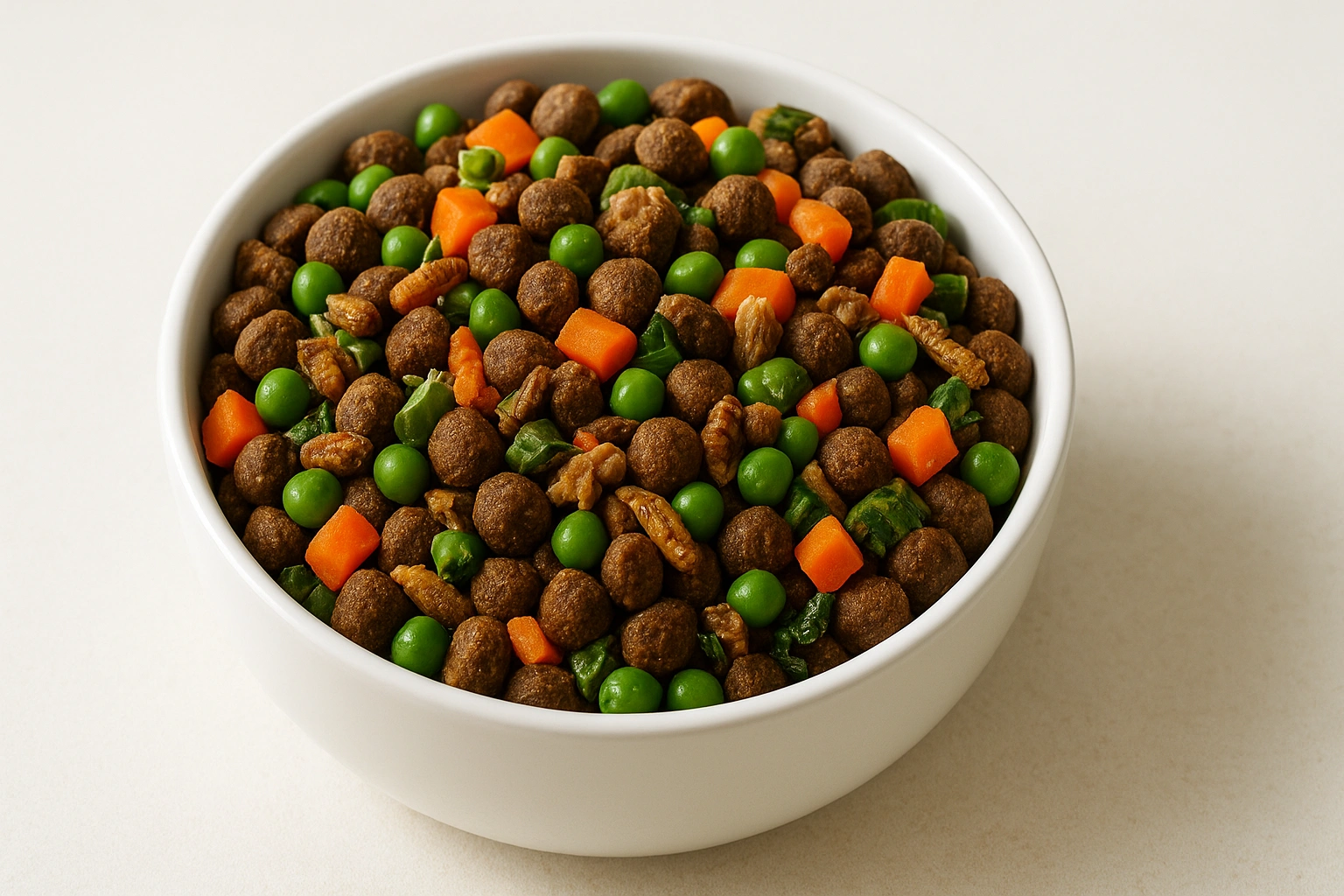 A colorful bowl of eco-friendly pet food made with sustainable ingredients such as insect protein, peas, and carrots, representing healthy and sustainable nutrition for pets.