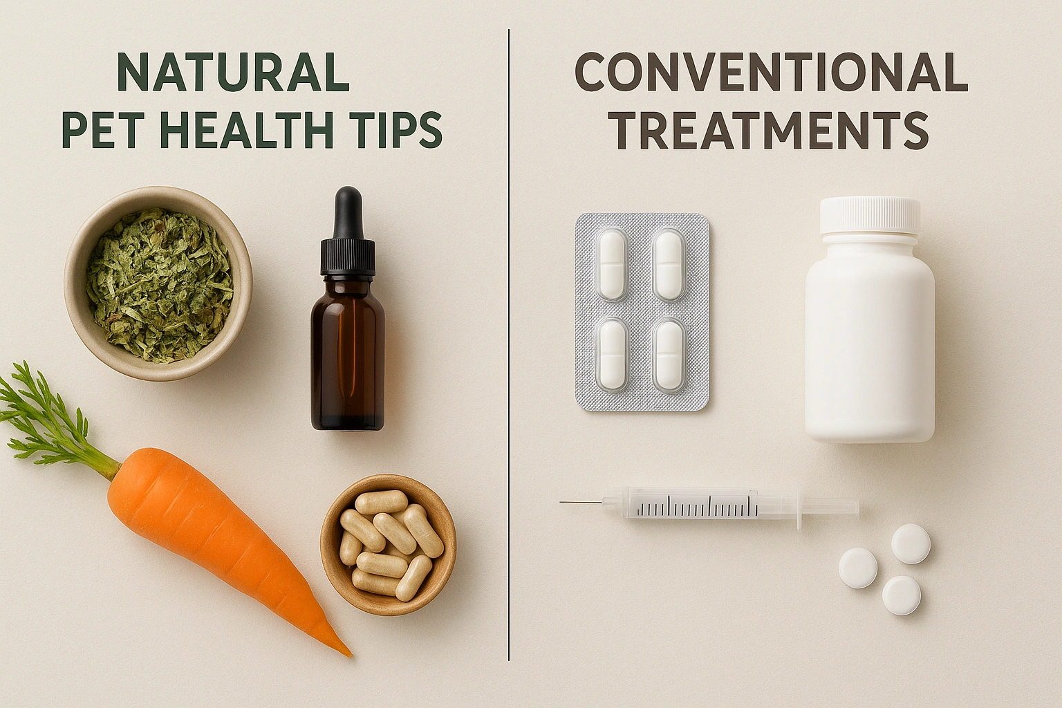A comparison graphic showing natural pet health tips versus conventional treatments, illustrating eco-friendly wellness options for pets.