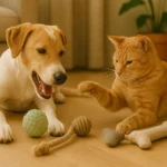 A dog and cat happily playing with eco-friendly pet toys made from natural rubber, hemp, and recycled materials, illustrating sustainable playtime.