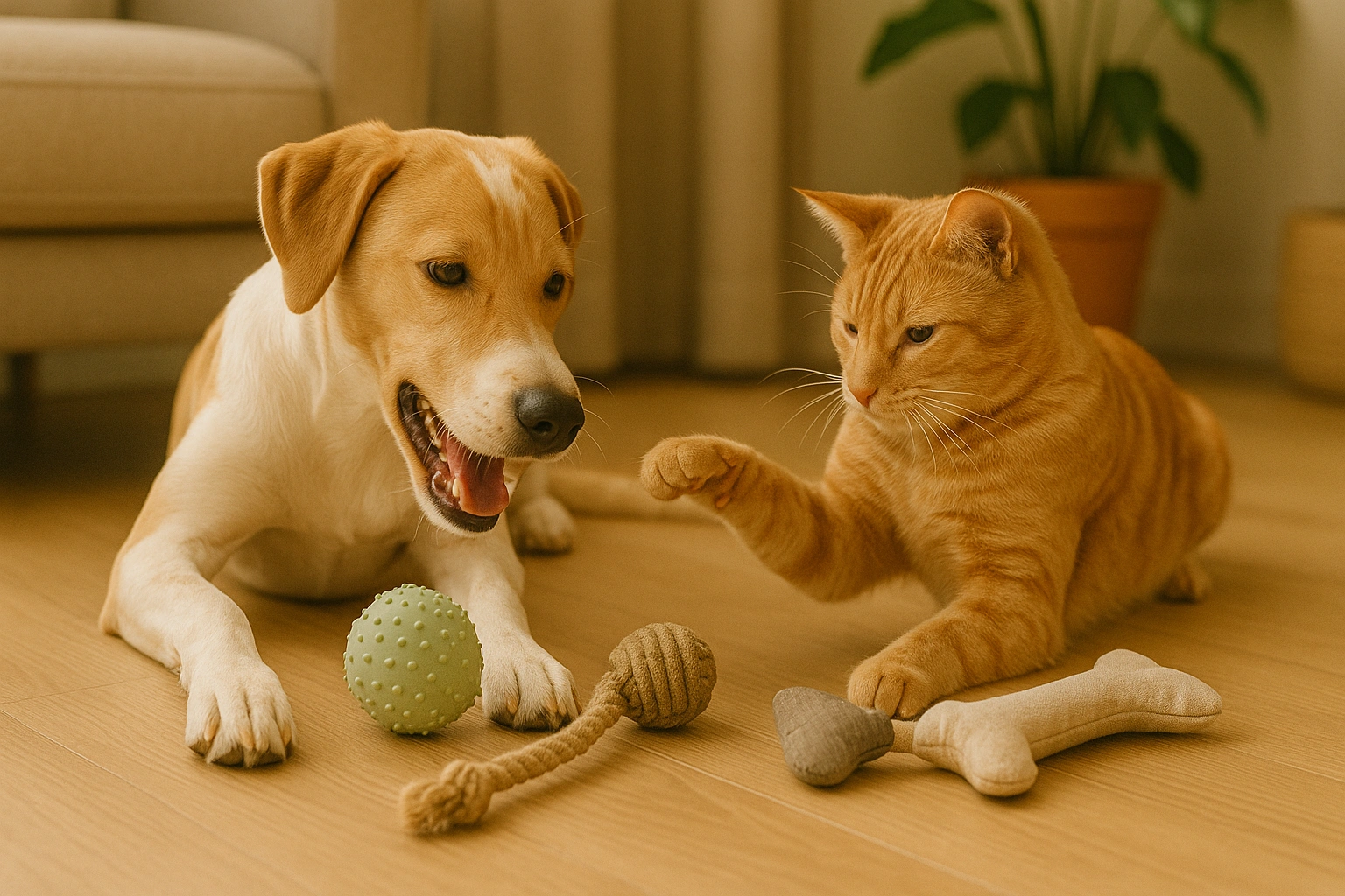 A dog and cat happily playing with eco-friendly pet toys made from natural rubber, hemp, and recycled materials, illustrating sustainable playtime.