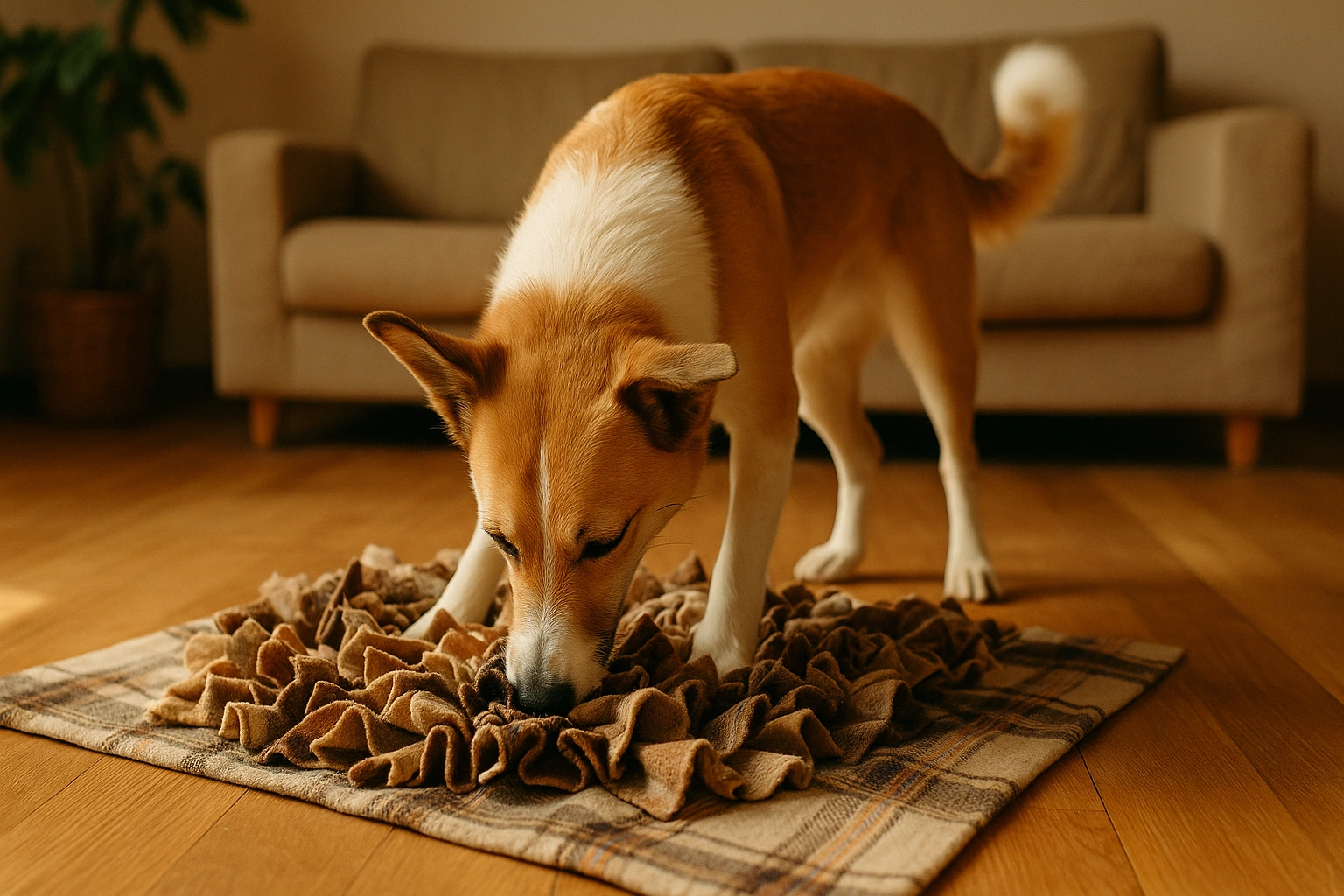 A dog happily playing with a DIY snuffle mat made from an old blanket, demonstrating eco-friendly pet exercise tips.