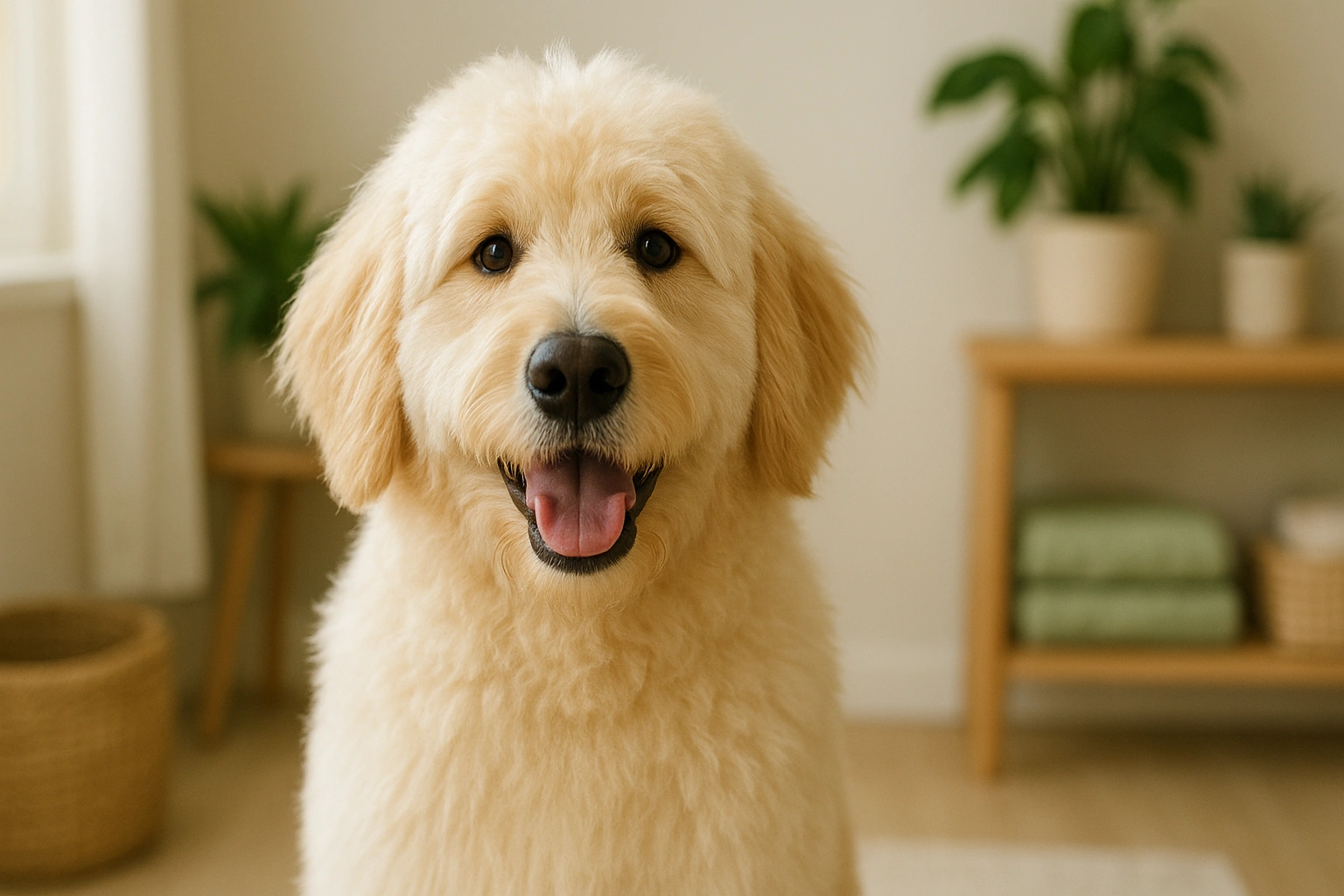 A fluffy dog looking happy and freshly groomed after an eco-friendly grooming session using natural products.