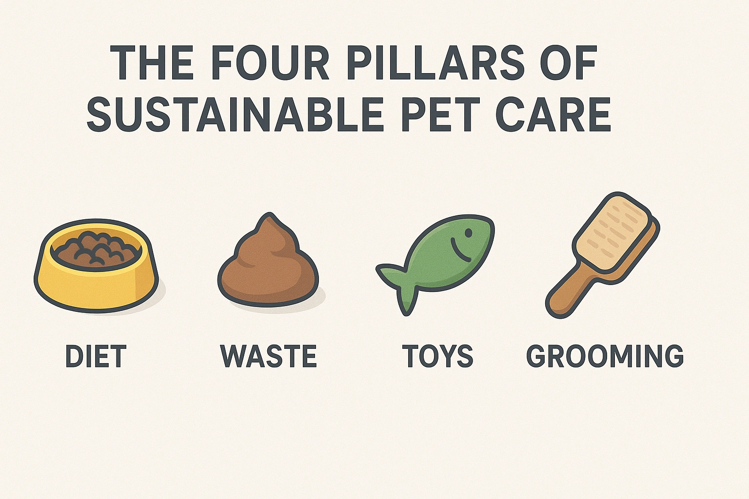 A graphic illustrating the four pillars of sustainable pet care—Diet, Waste, Toys, and Grooming—using clear icons and a modern, clean layout.