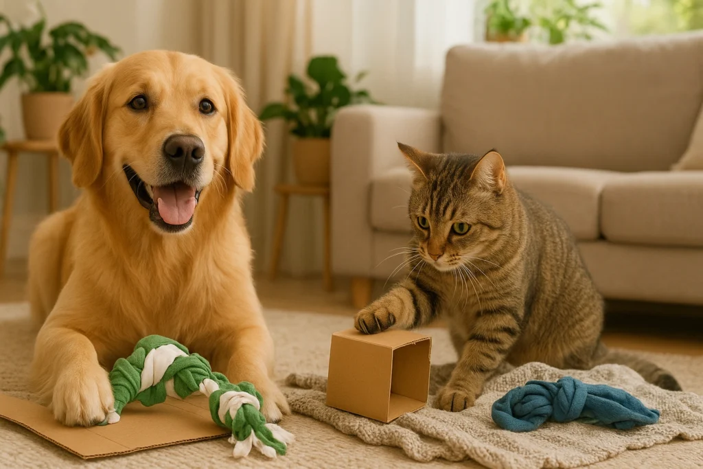 A happy dog and cat playing indoors with DIY eco-friendly toys made from upcycled household items, symbolizing sustainable pet fitness at home.