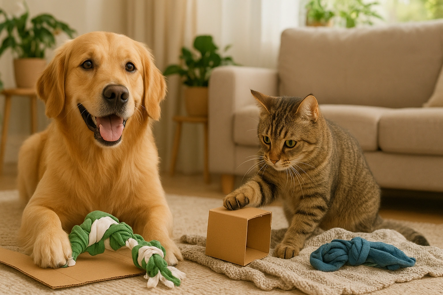 A happy dog and cat playing indoors with DIY eco-friendly toys made from upcycled household items, symbolizing sustainable pet fitness at home.