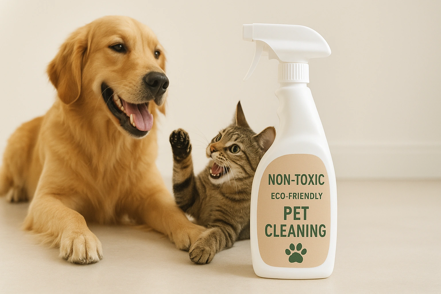 A happy dog and cat playing on a clean floor, with a bottle of non-toxic pet cleaning products in the foreground, emphasizing safe and eco-friendly home care.