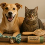 A happy dog and cat surrounded by budget-friendly eco pet essentials, including DIY toys, a bamboo brush, compostable poop bags, and a recycled-material pet bed, symbolizing affordable sustainable pet care.