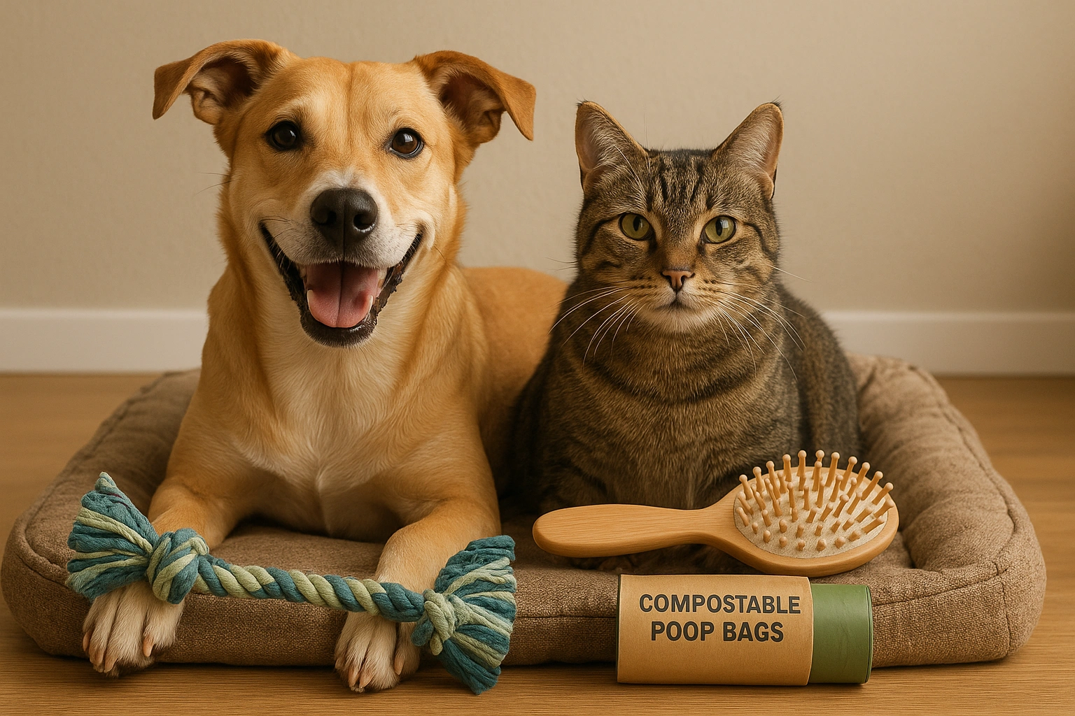 A happy dog and cat surrounded by budget-friendly eco pet essentials, including DIY toys, a bamboo brush, compostable poop bags, and a recycled-material pet bed, symbolizing affordable sustainable pet care.