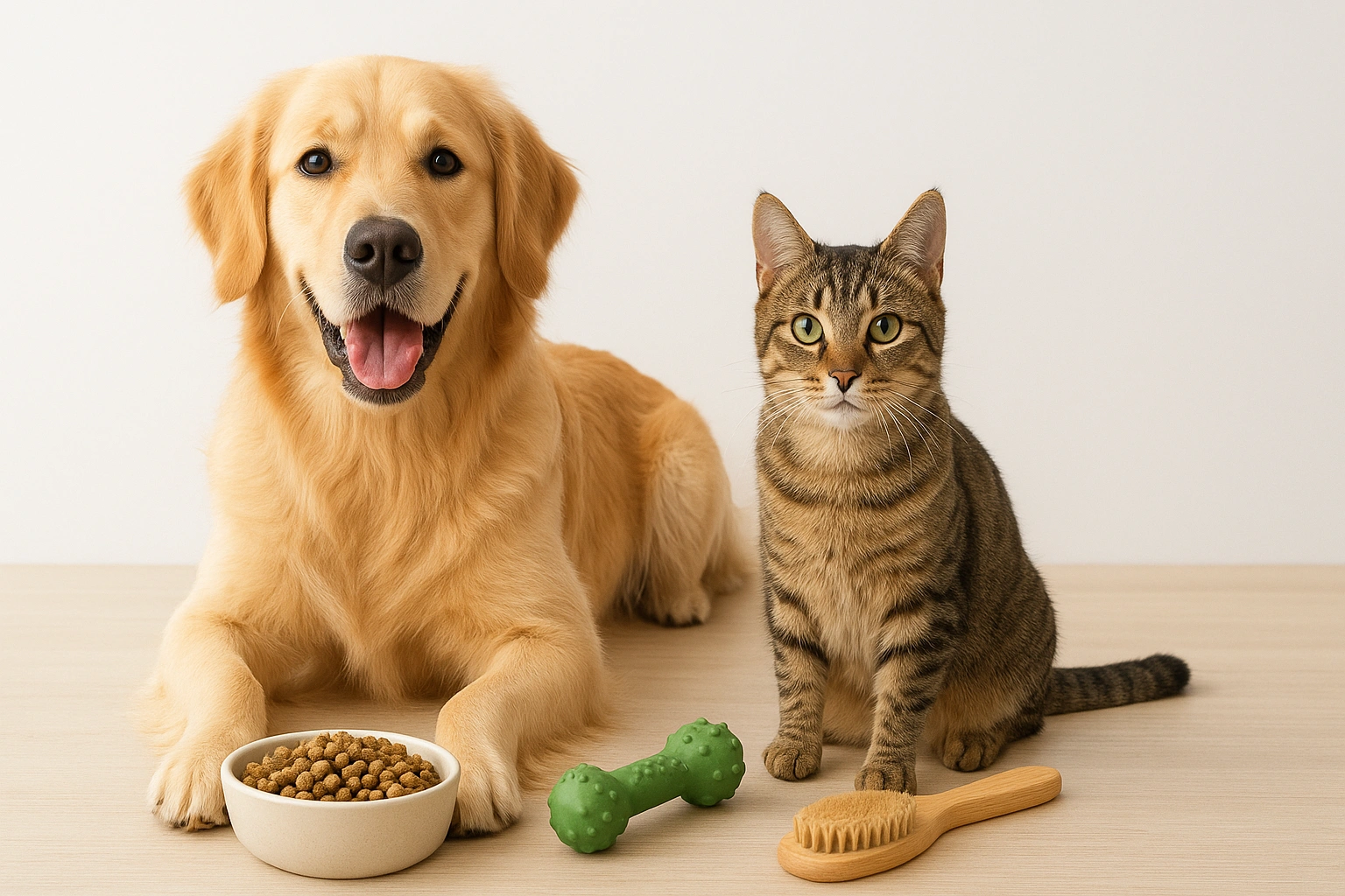 A happy dog and cat together, surrounded by sustainable pet care items including a bowl of eco-friendly food, a durable toy, and a bamboo brush, promoting environmentally friendly pet products.