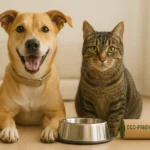 A happy dog and cat with eco-friendly accessories like a hemp collar, natural rubber toy, and stainless steel bowl, symbolizing the health benefits of non-toxic, sustainable pet gear.