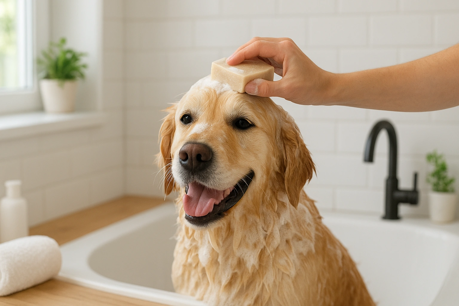 A happy dog being bathed with a natural shampoo bar, demonstrating a positive switch to sustainable and eco-friendly pet hygiene.