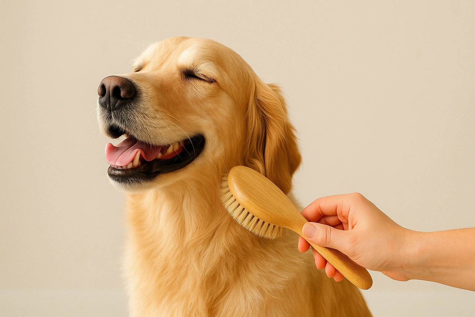 A happy dog being brushed with a natural bamboo brush, representing eco-friendly pet wellness and sustainable grooming.