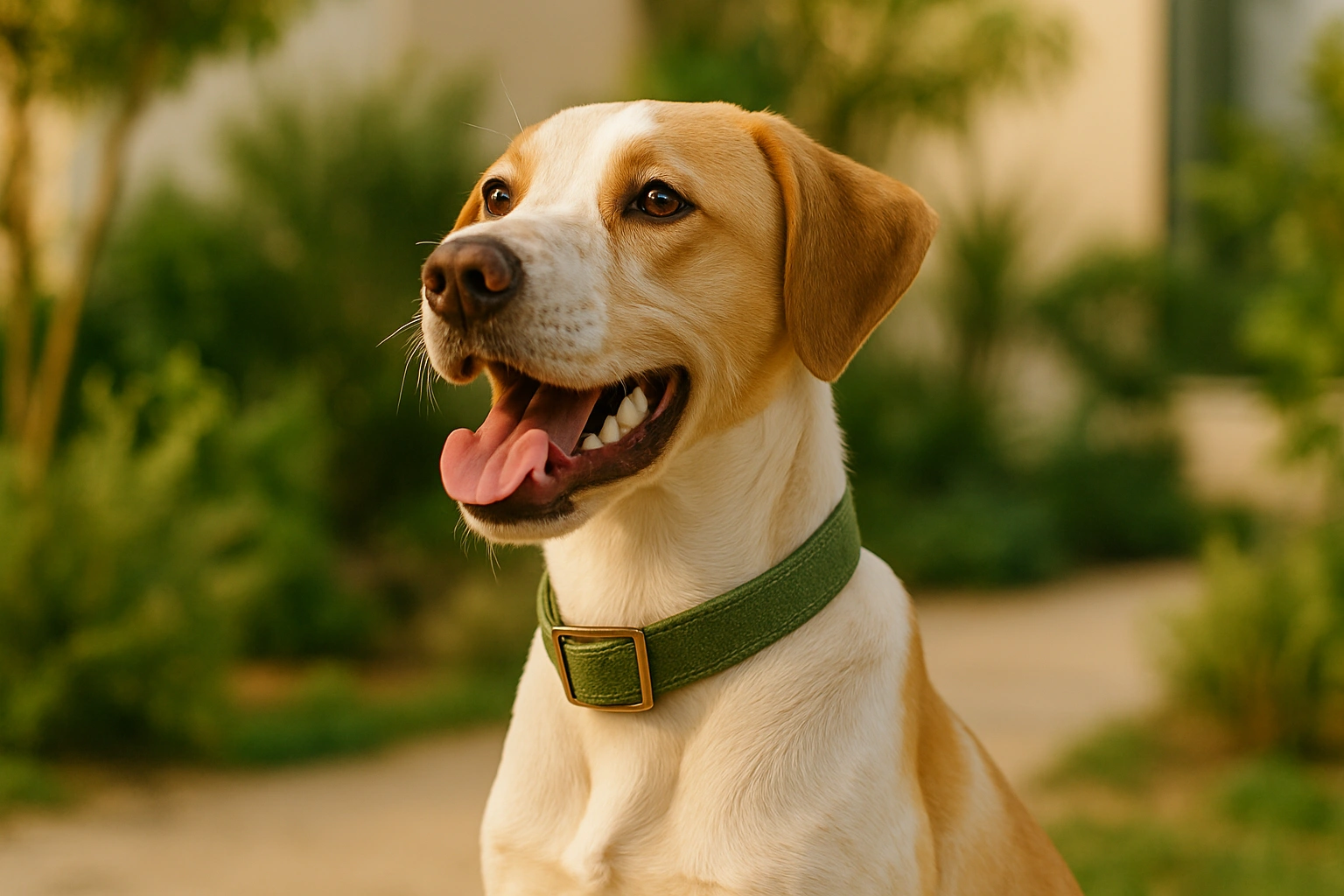 A happy dog wearing a stylish green dog collar made from sustainable hemp material, symbolizing eco-friendly pet accessories.