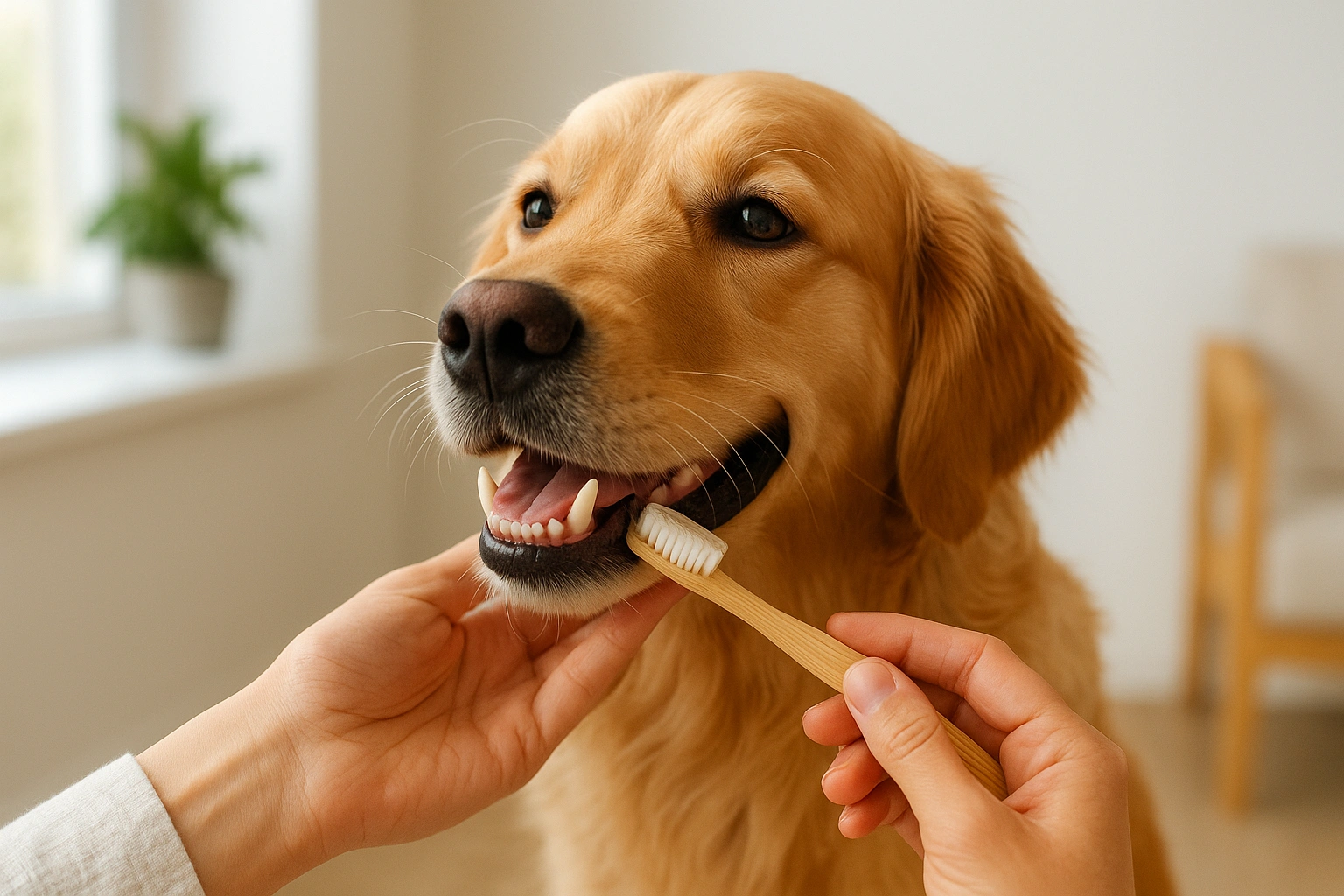 A person gently brushing their dog’s teeth with a bamboo toothbrush, representing eco-friendly pet dental care.