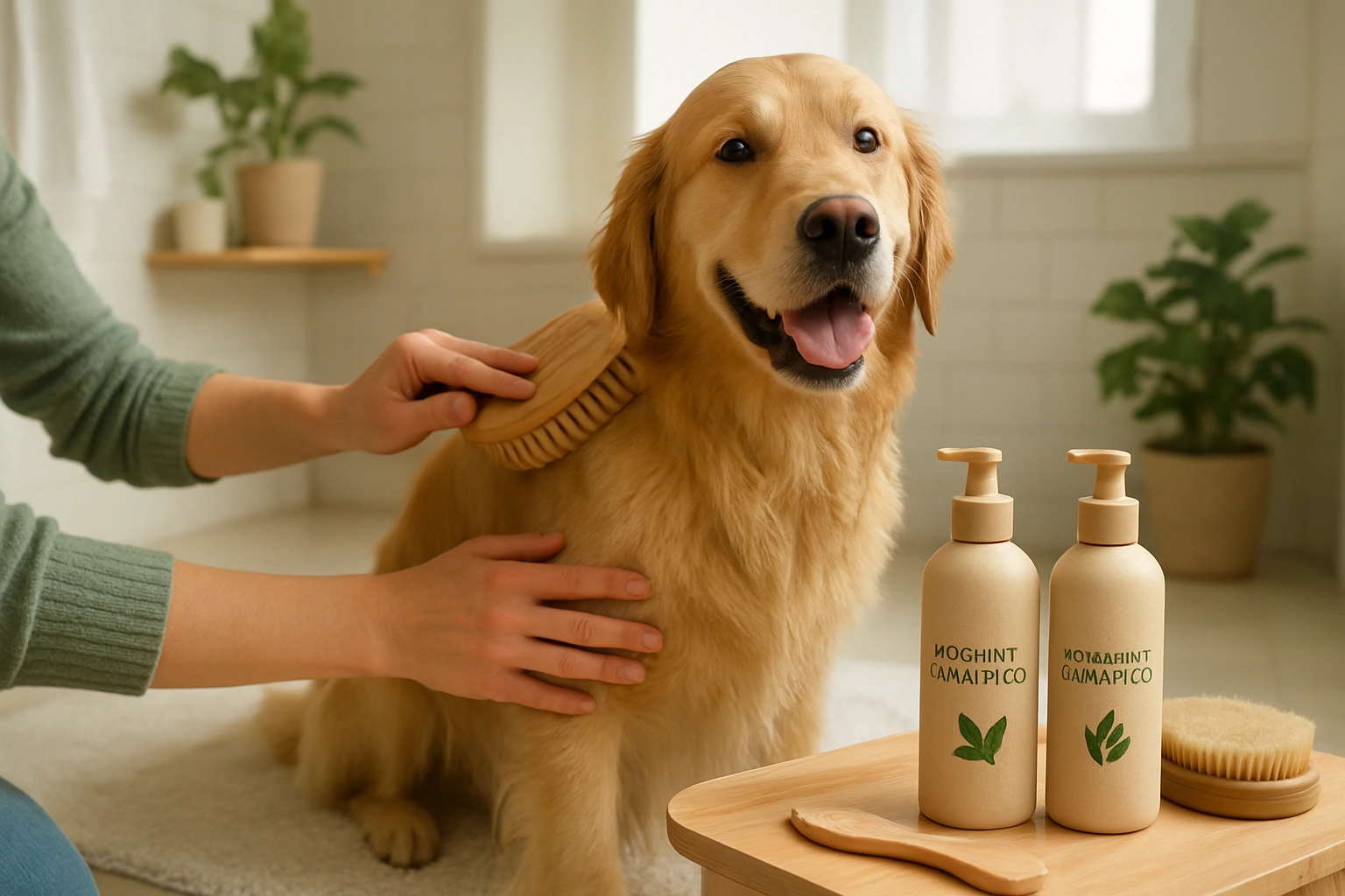 A pet owner grooming their dog using eco-friendly, organic products like bamboo brushes and biodegradable shampoo, promoting a natural and sustainable pet care routine
