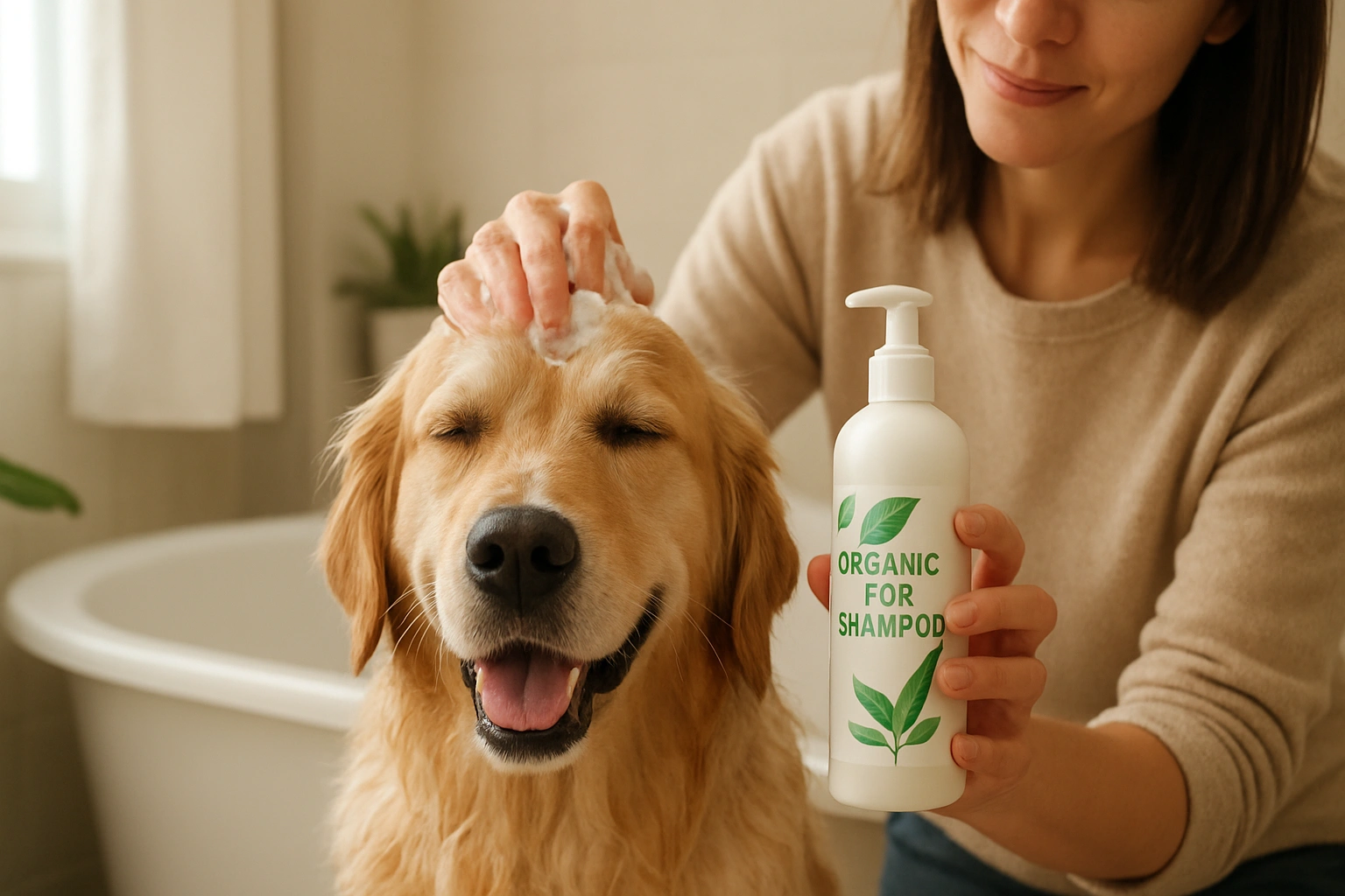 A pet owner practicing eco-friendly pet grooming by washing a happy dog with organic shampoo in a bright, clean bathroom