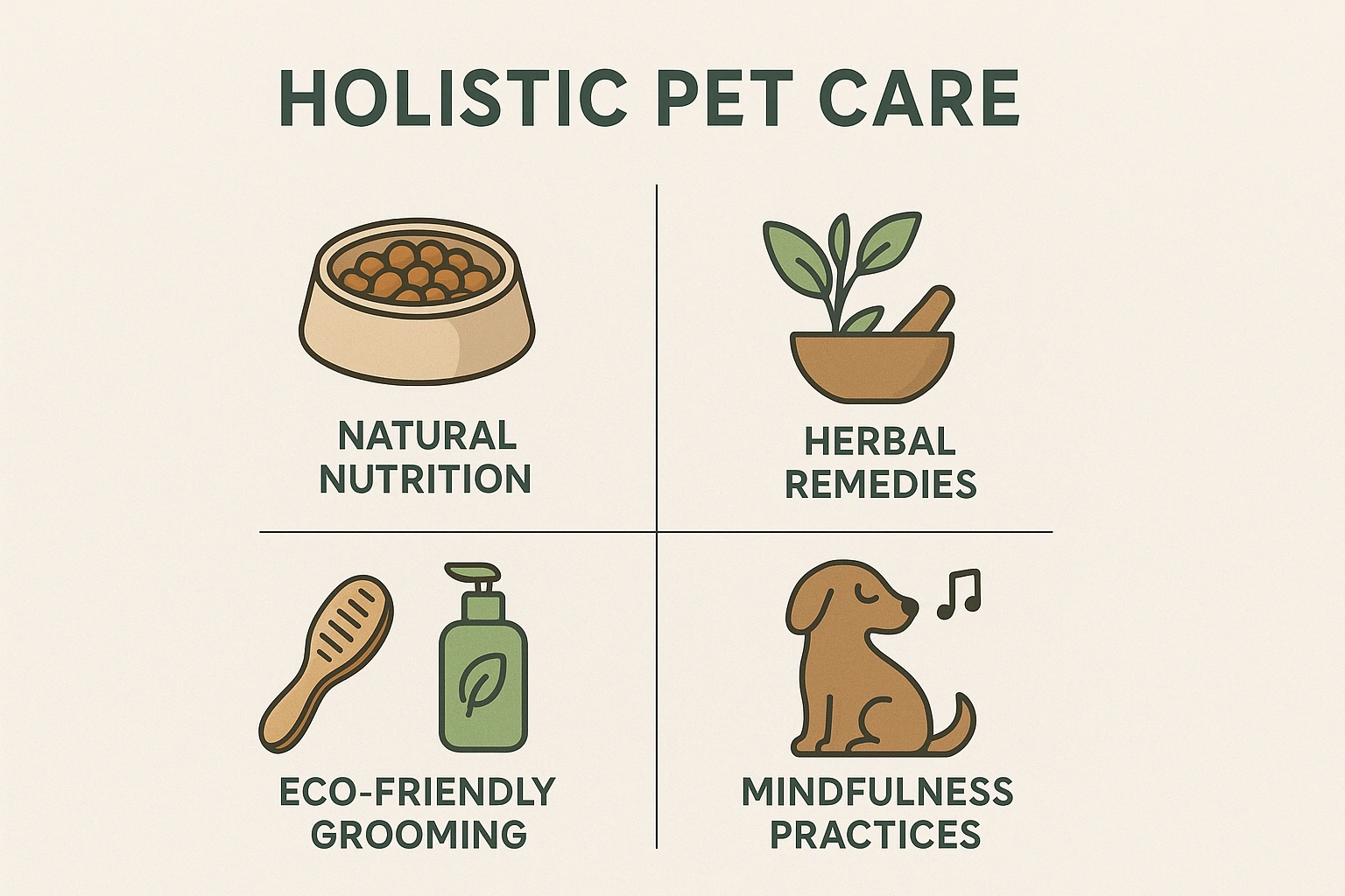 A realistic chart comparing different types of holistic pet care, including natural nutrition, herbal remedies, eco-friendly grooming, and mindfulness practices, presented in a clean and organized layout.