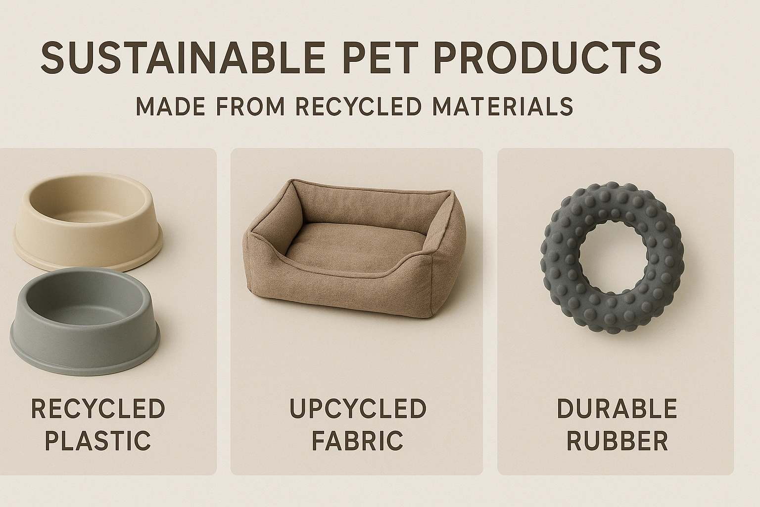 A realistic comparison chart showcasing sustainable pet products made from recycled materials, including toys, bowls, and bedding, highlighting eco-friendly alternatives.