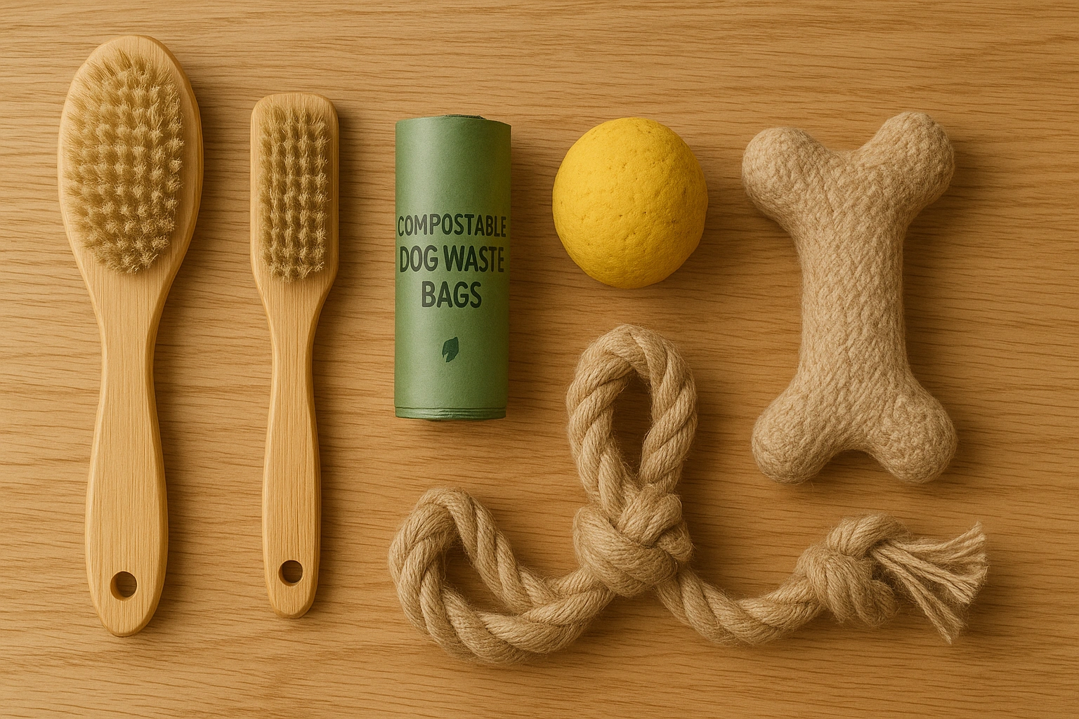 A selection of biodegradable pet products, including bamboo brushes, compostable bags, and natural toys, displayed to showcase eco-friendly pet care.