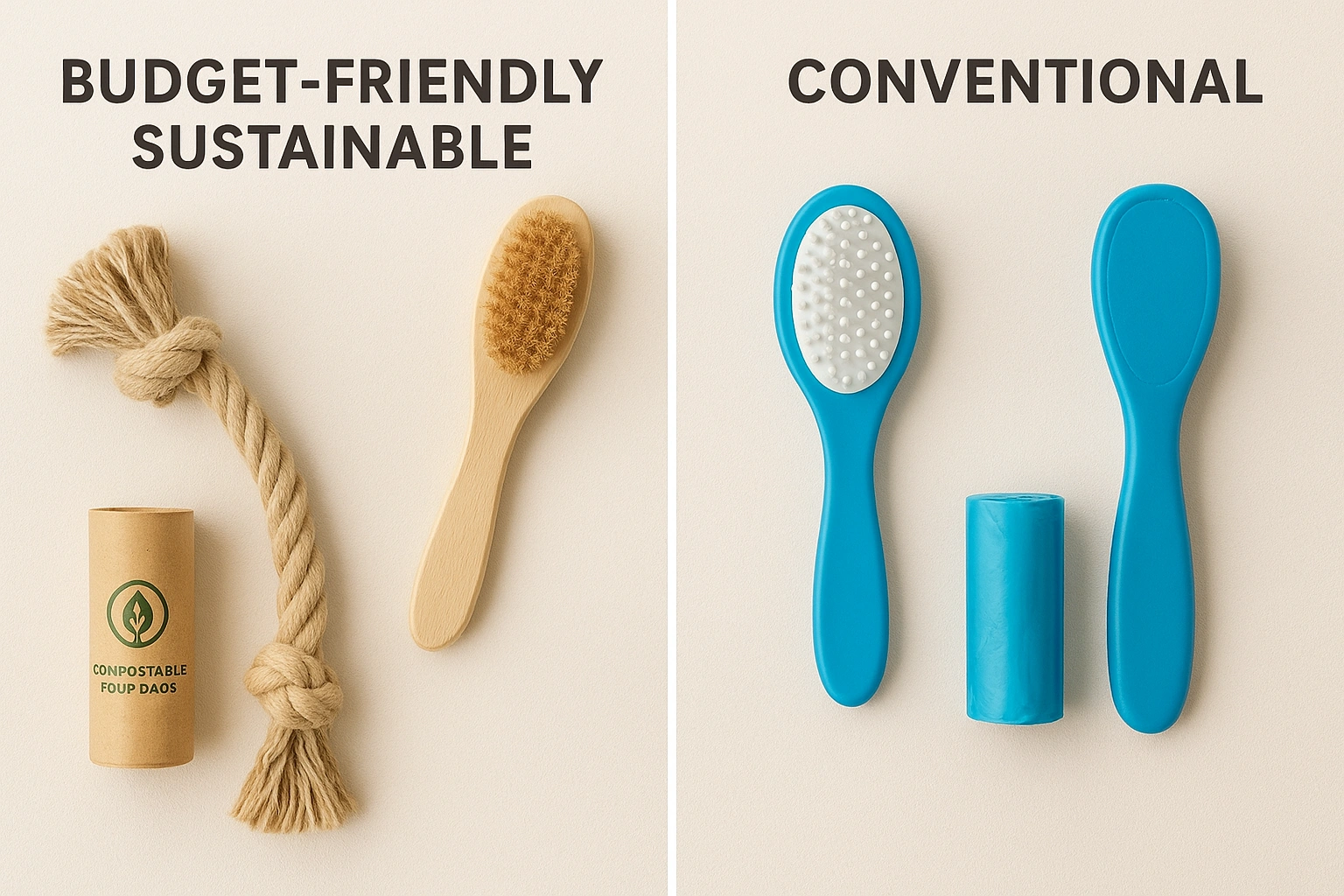 A side-by-side comparison of budget sustainable pet products, such as eco toys and grooming tools, versus their conventional plastic counterparts.
