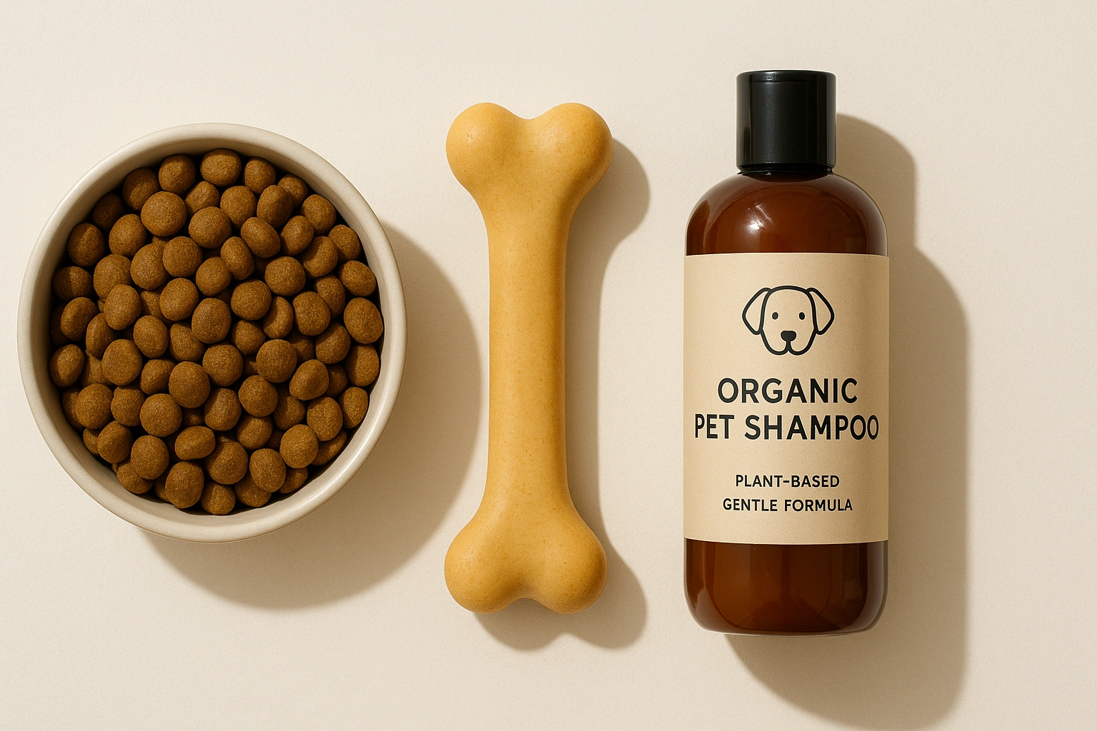 A spread of natural pet products featuring a bowl of organic kibble, a natural rubber toy, and a bottle of organic pet shampoo, showcasing eco-friendly pet care.