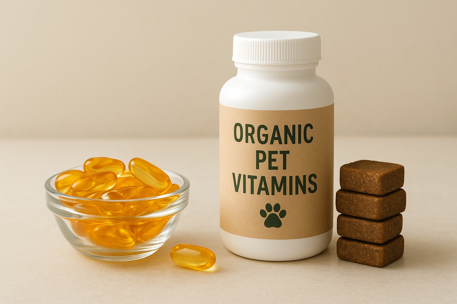 A variety of natural pet supplements including fish oil capsules, probiotic chews, and a bottle of organic pet vitamins, displayed on a table to highlight pet health and wellness.