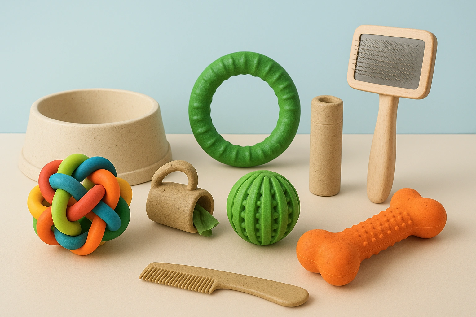 A vibrant display of the best eco-friendly pet products for 2025, including durable toys, biodegradable bowls, and sustainable grooming tools, set on a clean, bright surface.