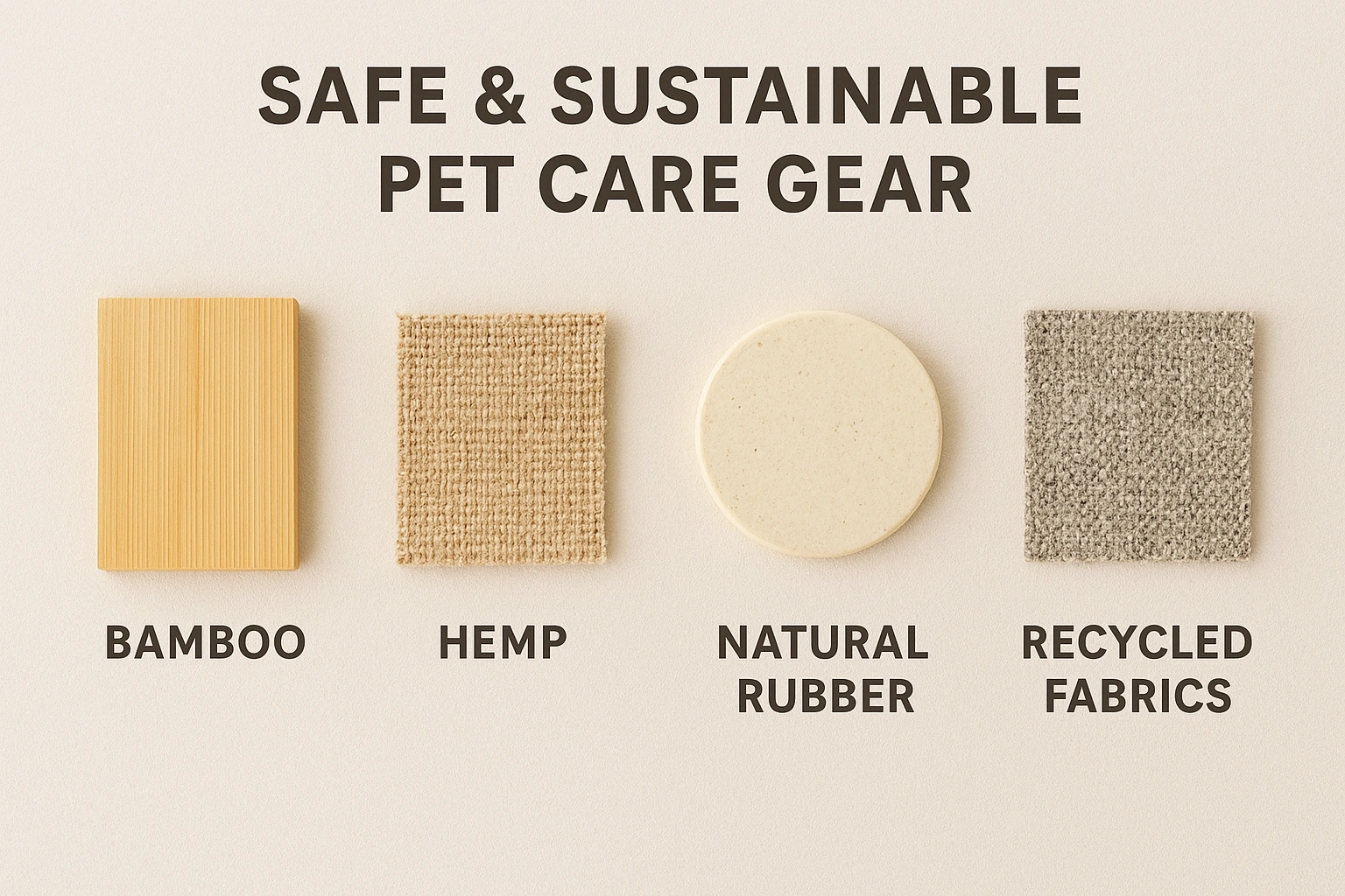 A visual guide displaying safe and sustainable pet care gear materials, highlighting eco-friendly options like bamboo, hemp, natural rubber, and recycled fabrics.