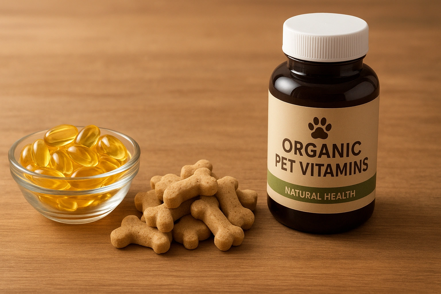 An assortment of natural pet supplements including fish oil capsules, probiotic chews, and a bottle of organic vitamins, displayed on a wooden surface to illustrate wellness for pets.