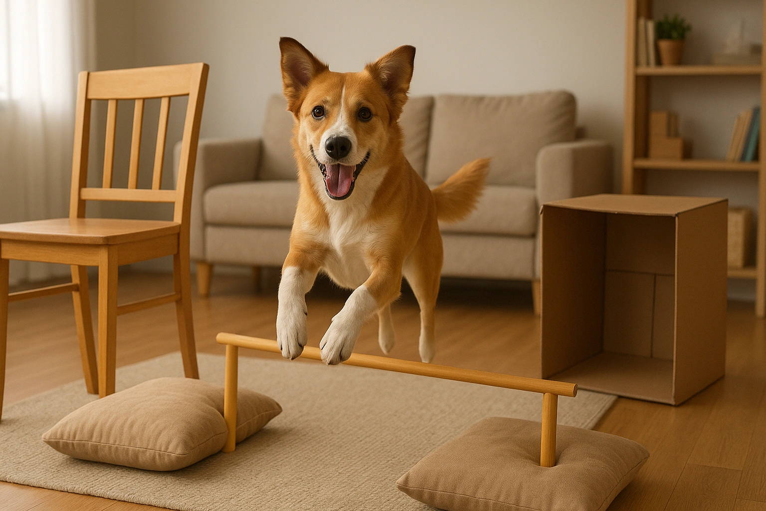 An indoor agility course for a dog made from household items, demonstrating creative pet fitness at home.