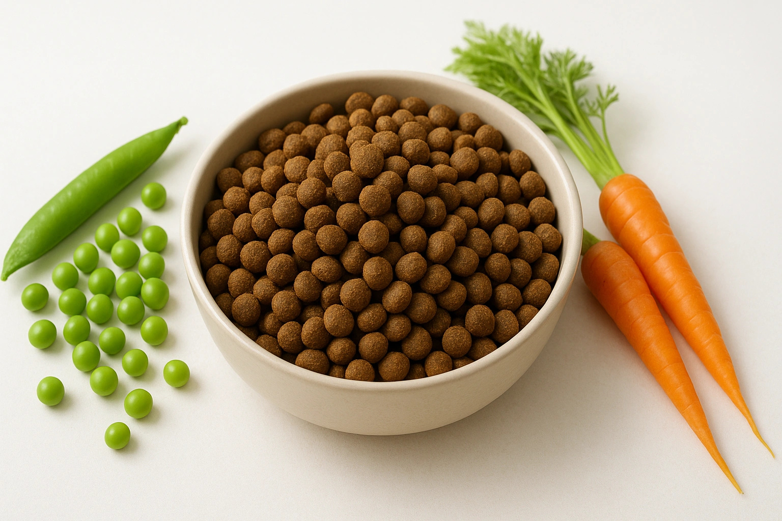 Bowl of plant-based vegan cat food kibble next to fresh vegetables like peas and carrots, representing healthy, natural feline nutrition.