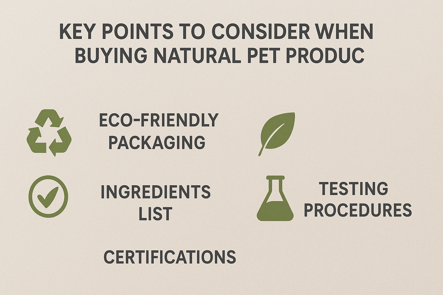 Checklist graphic illustrating important factors to consider when buying natural pet products, including eco-friendly ingredients and sustainable packaging.Checklist graphic illustrating important factors to consider when buying natural pet products, including eco-friendly ingredients and sustainable packaging.