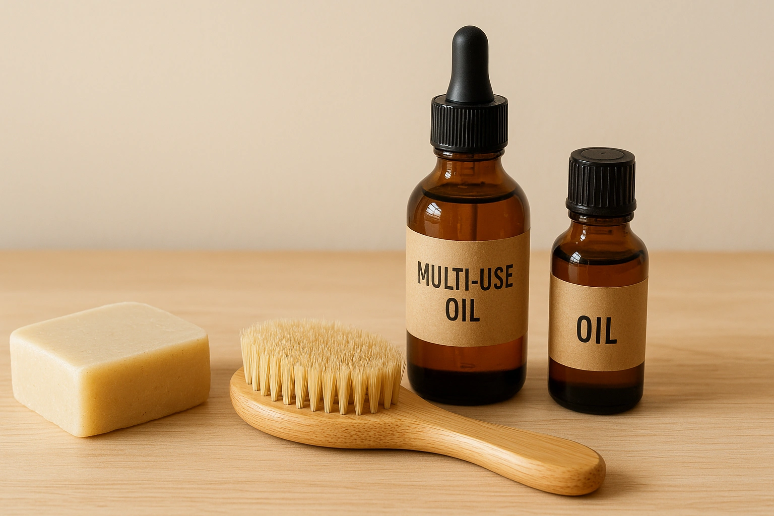 Collection of affordable eco-friendly pet grooming products, including a natural shampoo bar, bamboo brush, and multi-use oils for budget-friendly sustainable pet care.