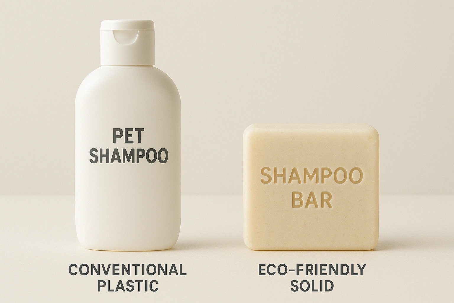 Comparison of a plastic pet shampoo bottle and a sustainable shampoo bar, illustrating eco-friendly pet grooming choices.