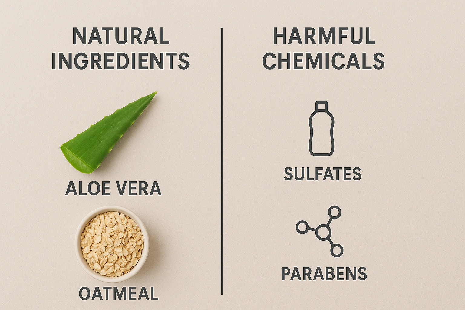 Comparison of dog shampoo ingredients showing natural, safe ingredients like aloe and oatmeal versus harmful chemicals like sulfates and parabens.