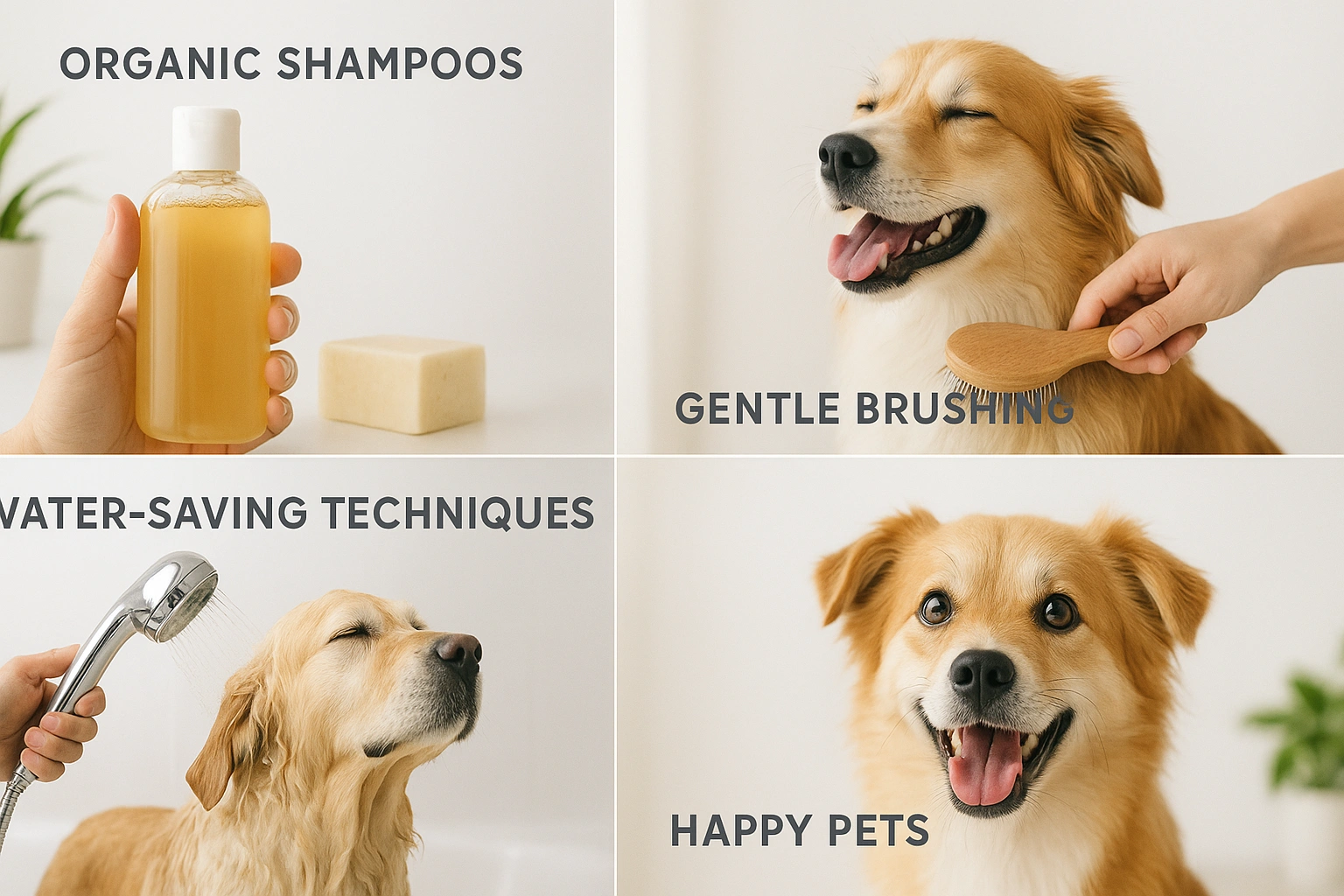 Diagram showing the core features of an eco-friendly pet grooming routine, including organic shampoo, gentle brushing, water-saving, and happy pets