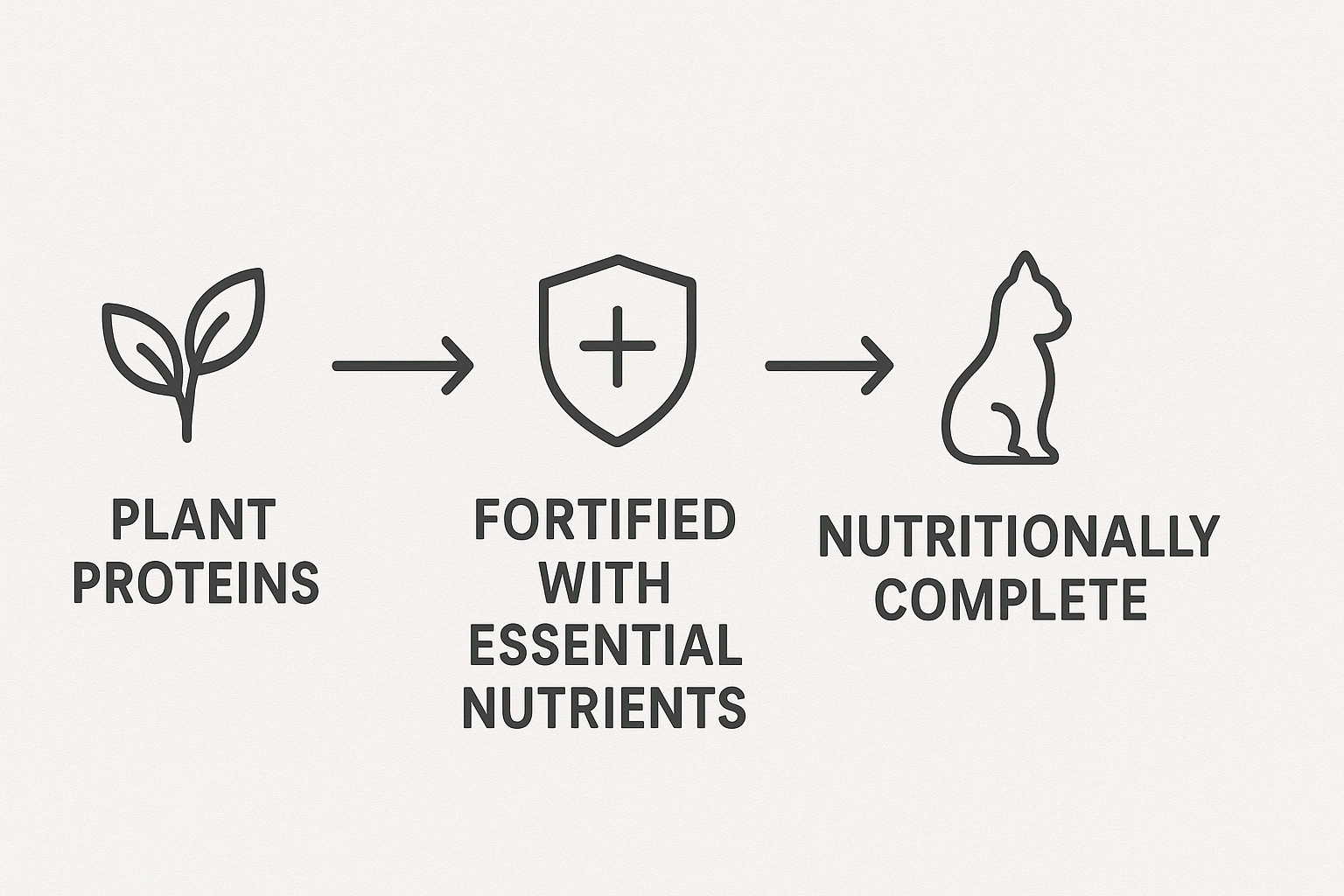 Flowchart showing the process of making vegan cat food Plant Proteins → Fortified With Essential Nutrients → Nutritionally Complete, highlighting the creation of a balanced plant-based diet for cats.