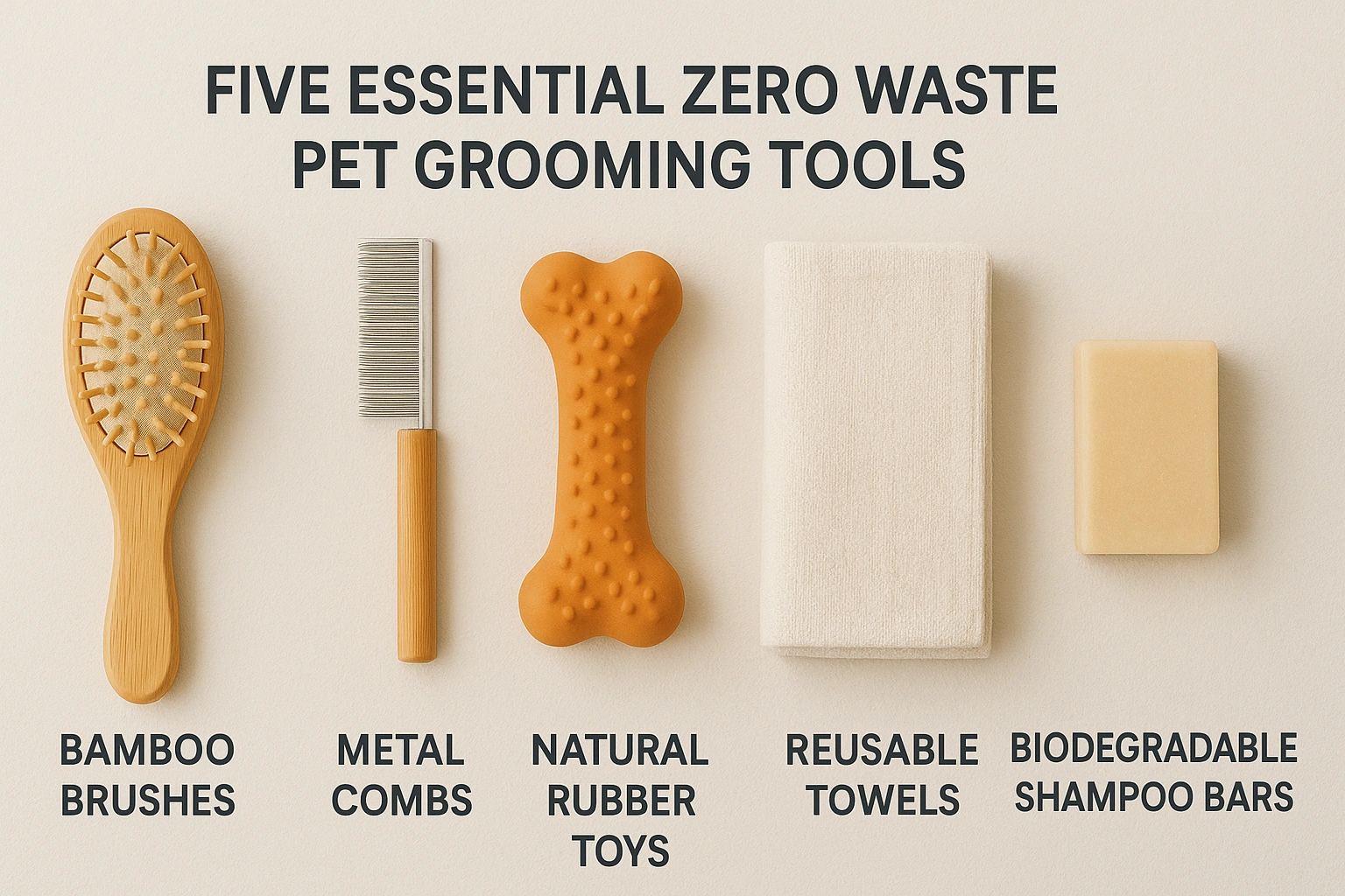 Graphic displaying the five essential zero waste pet grooming tools for every pet owner, including bamboo brushes, metal combs, natural rubber toys, reusable towels, and biodegradable shampoo bars.