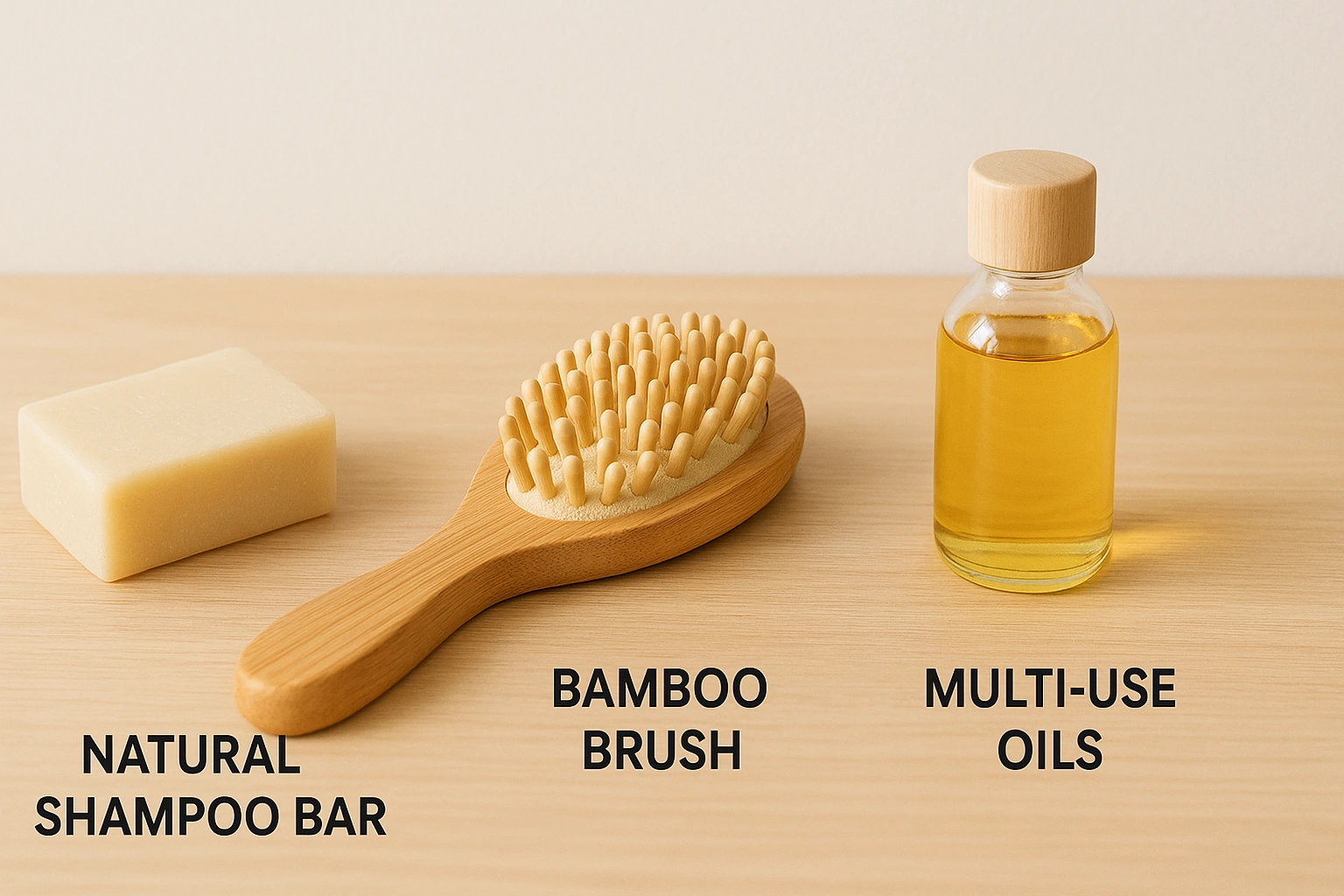 Graphic displaying the top three affordable eco-friendly pet grooming products shampoo bars, bamboo brushes, and multi-use oils for sustainable pet care.